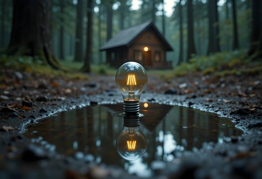glowing light bulb in forest with cabin background. idea, innovation or creativity, eco-friendly or green energy concept - Powered by Adobe