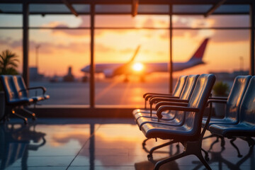 Defocused Background of Serene Sunset at Airport Terminal with Airplane in Background and Empty Waiting Chairs for Travelers. Blurred Background. 3d rendering.
