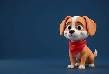 Cute 3D Cartoon Friendly Dog Character Portrait with Red Bandana, Adorable Puppy Mascot Illustration. Copyspace