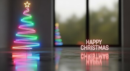 Vibrant glowing neon Christmas tree and happy holidays sparkling words