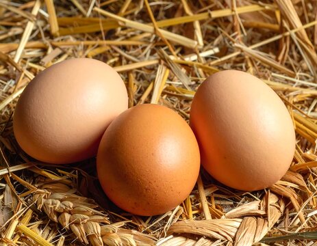 Three brown eggs nestled in a bed of dry straw