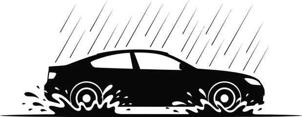 Black car driving in heavy rain with water splashing, isolated on white background a symbol of transportation during inclement weather conditions