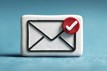 White Envelope Icon with Red Check Mark on Blue Background email message