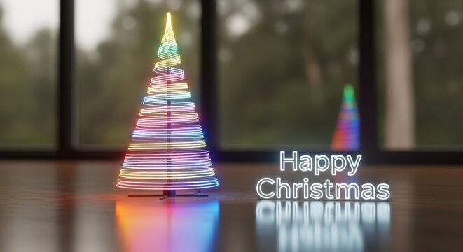 Neon glow artistic christmas tree display with festive text, illuminated