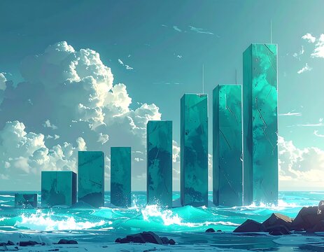 Rising geometric towers emerge from a teal ocean beneath a cloudy sky - Powered by Adobe