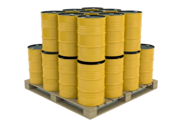 Yellow barrels stacked on a pallet isolated on transparent background