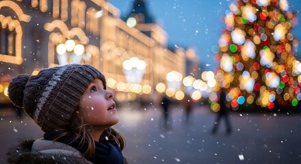 Magical winter wonderland scene with bright Christmas tree and a young girl