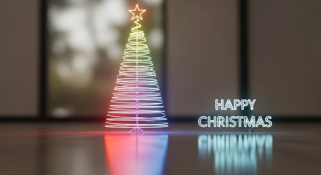 Abstract neon christmas tree with happy christmas glowing text on floor