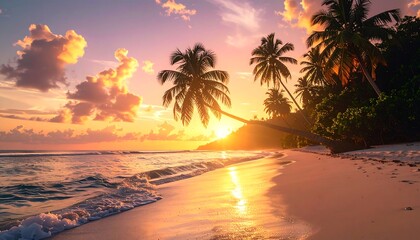Tropical beach sunset with palm trees, serene ocean, and golden hues