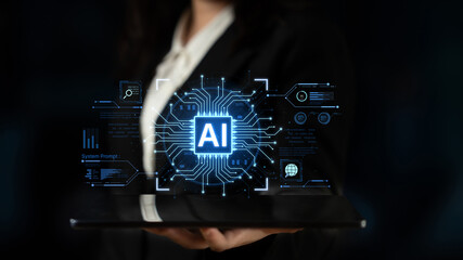 A futuristic AI core processor and system analytics dashboard. This concept highlights the raw processing power of AI for deep data analysis, system diagnostics, and global network monitoring. Fermion