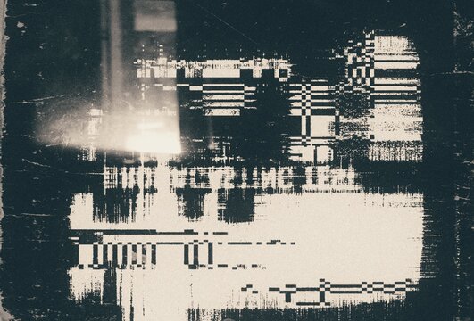 Noisy LED TV screen glitch distorted flickering noise lines VHS effect, Retro film photo overlay vcr effect, grainy hd tv defective screen bad signal problem broadcasting error or test.