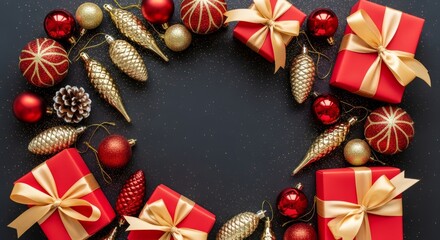 Fototapeta premium Vibrant holiday arrangement with gift boxes, baubles, and festive adornments