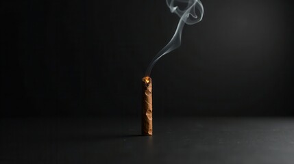 A smoldering cigar rests on a dark surface, emitting a wisp of smoke against a stark black background, a minimalist study in contrasts and textures.