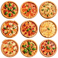 Assortment of freshly baked pizzas with various toppings, isolated