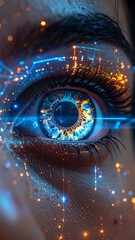 Futuristic Eye with Cityscape Reflection and Digital Overlay.