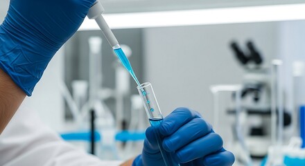 Scientist in blue gloves pipetting blue liquid into a test tube in a laboratory setting.