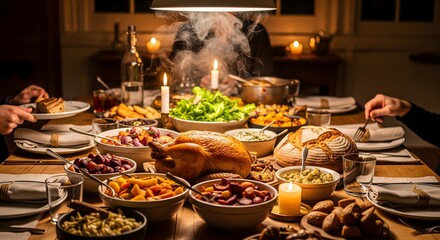 Fototapeta premium Cozy Holiday Dinner Table with Roasted Turkey and Steaming Sides