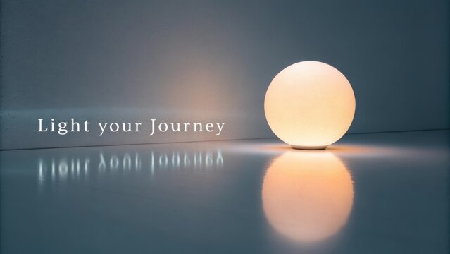 Soft glowing orb on reflective surface with inspiring phrase "Light your Journey" conveying warmth and motivation for personal growth