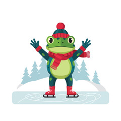 Cute cartoon frog ice skating in winter clothes.