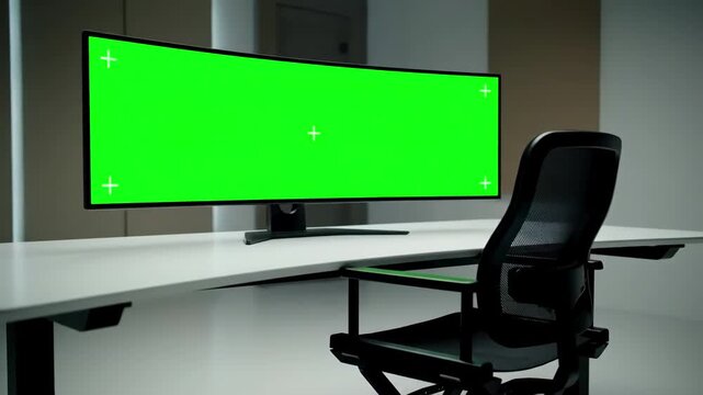 Ultrawide Chroma Key Display with professional 21 9 monitor for color grading photo retouching or graphic motion design green screen set up spinning director chair movie editing work studio agency