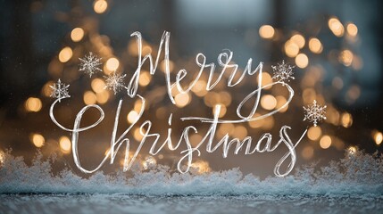 Merry christmas greeting card with snowflakes and bokeh lights festive background image