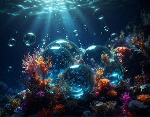 Fototapeta premium Underwater scene depicts bubbles floating amongst vibrant coral