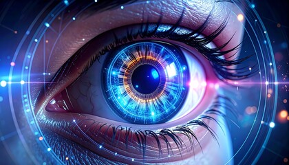 Futuristic eye with digital interface and glowing iris.
