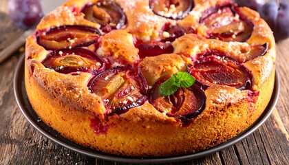 Delicious baked dessert with plums, placed on a brown plate