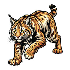 Illustration of a fierce bobcat stalking forward with intense yellow eyes.