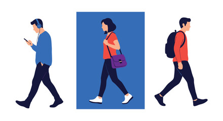 Obraz premium Three diverse individuals walking in casual attire on a white background.