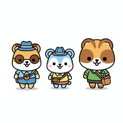 Cute cartoon hamsters and mouse dressed as adventurers with hats and bags.