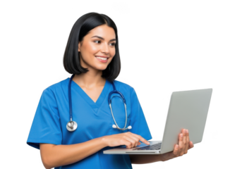 Smiling female nurse holding a laptop isolated on transparent background