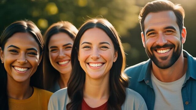 A diverse group of four happy young friends smiling together outdoors in the warm sunlight.