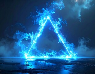 Neon blue triangle enveloped in smoky vapor against a dark backdrop