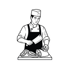 Butcher skillfully preparing meat with a large cleaver on a wooden board.