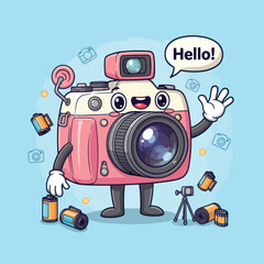 Cute cartoon camera character waving hello with a friendly smile.