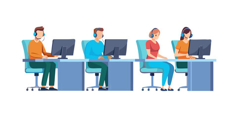 Assistants team with headphones sitting at tables with monitors. Call center service airplane. Scheduling ticket. Hotline flat vector illustrations.