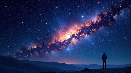 Fototapeta premium A Solitary Figure Contemplates the Vastness of the Night Sky, Adorned with a Celestial River of Stars and Cosmic Dust