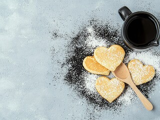 Heart-shaped cookies dusted with powdered sugar and a cup of coffee are arranged on a textured gray surface, creating a sweet and inviting scene.
