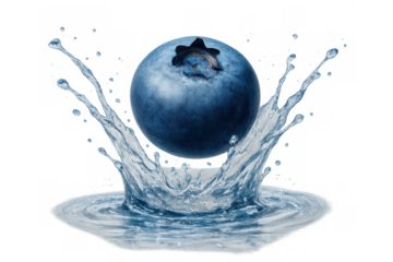 Blueberry falling into fresh water, generating a refreshing splash. Concept of healthy fruit, freshness, and organic food. Transparent background