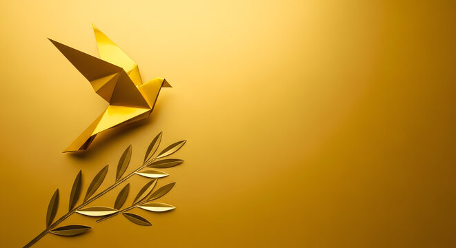 Peace and New Beginnings of Hope. A Green Dove Flying over green Olive Branch. World International Peace Day. The Concept of a Fluttering Bird that brings Peaceful to the World - Powered by Adobe