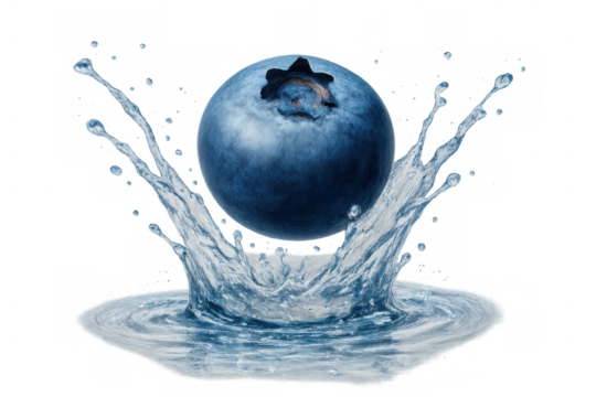 Blueberry falling into fresh water, generating a refreshing splash. Concept of healthy fruit, freshness, and organic food. Transparent background