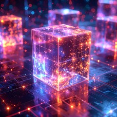 Futuristic Glowing Cube with Circuit Board and Galaxy Inside.