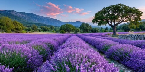 a beautiful lavender field in full bloom at sunset, with rows of purple flowers stretching as far as the eye can see
