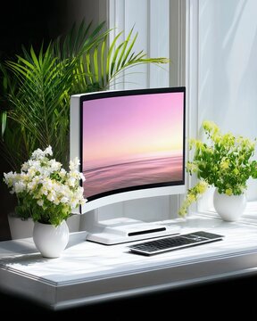 A modern computer setup featuring a sleek monitor, keyboard, and plants, placed on a white desk next to a window with natural light filtering through sheer curt