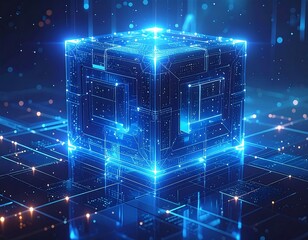 Futuristic Glowing Cube with Intricate Circuitry and Data Streams.