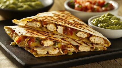 Crispy grilled chicken quesadilla cut into triangles, oozing with melted cheese, served with guacamole.