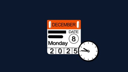 December month Monday 8 date calendar animation. 2025 calendar and creating a stunning video. 4k video.