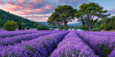a beautiful lavender field in full bloom at sunset, with rows of purple flowers stretching as far as the eye can see