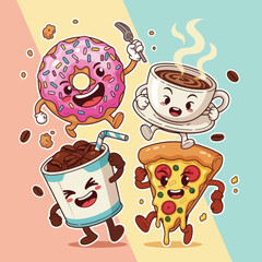 Cute Cartoon Characters of Donut Coffee Pizza and Drink.